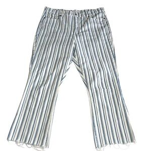 LOFT High Rise Kick Crop Jeans Womens 14 Blue White Stripe Raw Hem Flare